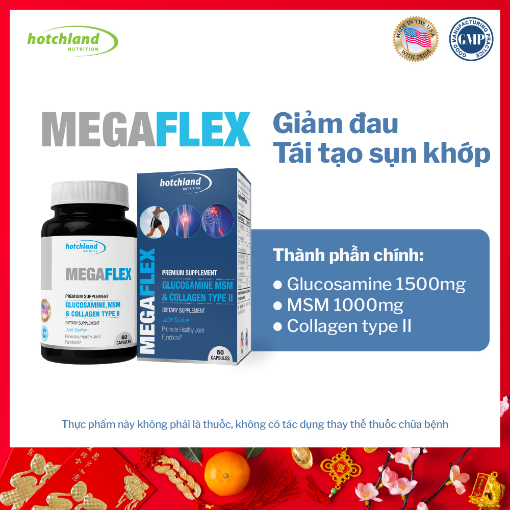 Viên uống xương khớp Glucosamine hỗ trợ tái tạo sụn khớp, giảm sưng đau khớp Mega Flex - Hàng chính hãng Hotchland Nutrition Việt Nam - HL4646