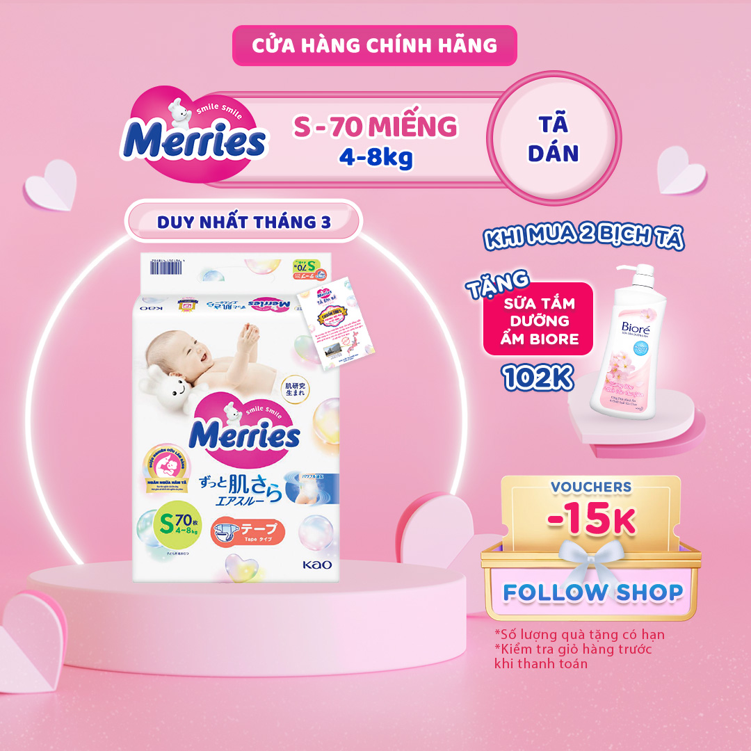 Tã/bỉm dán Merries size S - 70 miếng (dành cho bé 4 - 8kg)