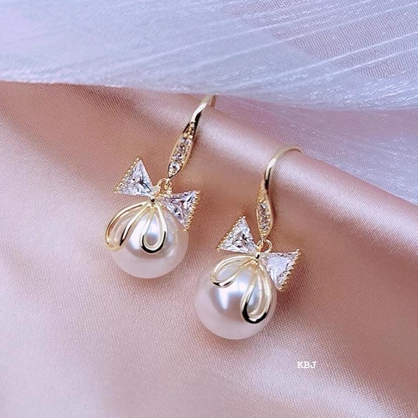 Bông tai bạc hình nơ gắn trai chất liệu bạc s925 MS75a