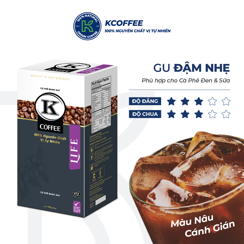 Cà phê rang xay KCoffee 100% Robusta Arabica nguyên chất K-LIFE (700g/Hộp)