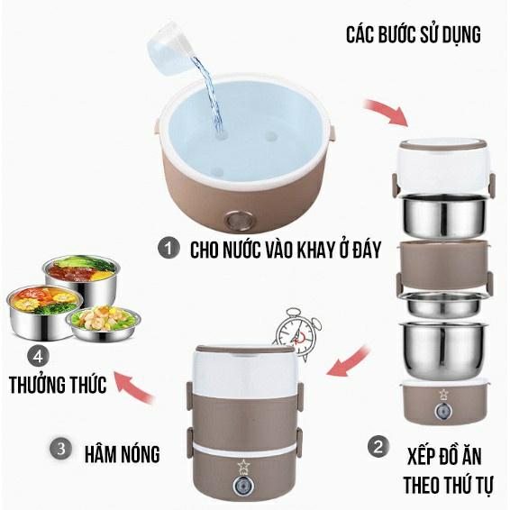 Hộp Cơm Hâm Nóng Và Nấu cơm Inox 3 Tầng, Hộp cơm cắm điện Làm Nóng Bằng Hơi Nước Siêu Tốc model 2021