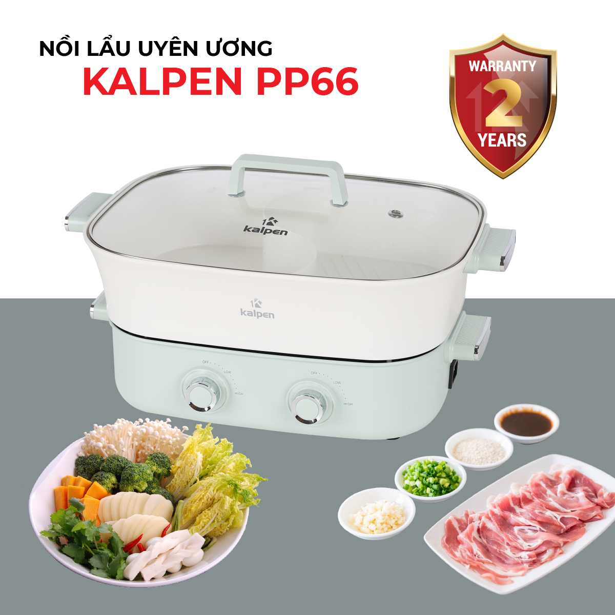 Bếp Nướng Lẩu Hai Ngăn Đa Năng Kalpen 6.5L PP66 Công Suất 2200W - Hàng Chính hãng