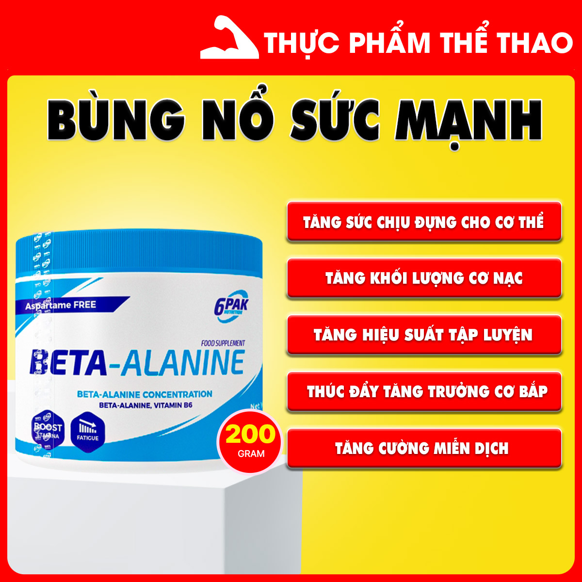 BETA-ALANINE - Tăng sức bền - Hộp 200g - Hàng chính hãng 6PAK