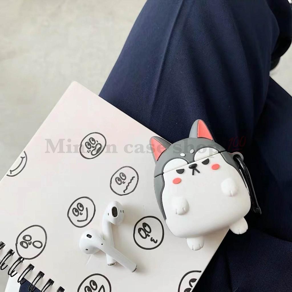 Bao Case Ốp dành cho Airpods 1/2 &amp; Airpods Pro chó shiba &amp; husky silicon 3D cao cấp