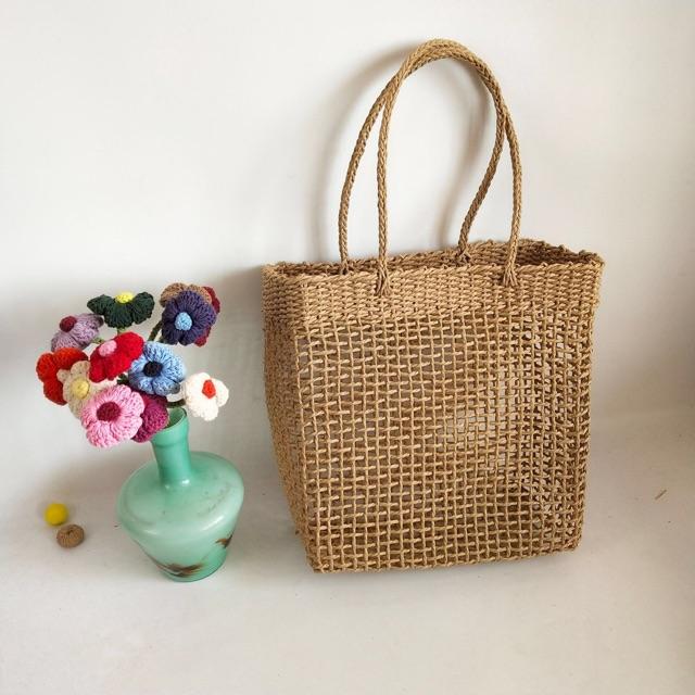 Túi Cói Đan Vuông Vintage Đi Biển Xinh Xắn