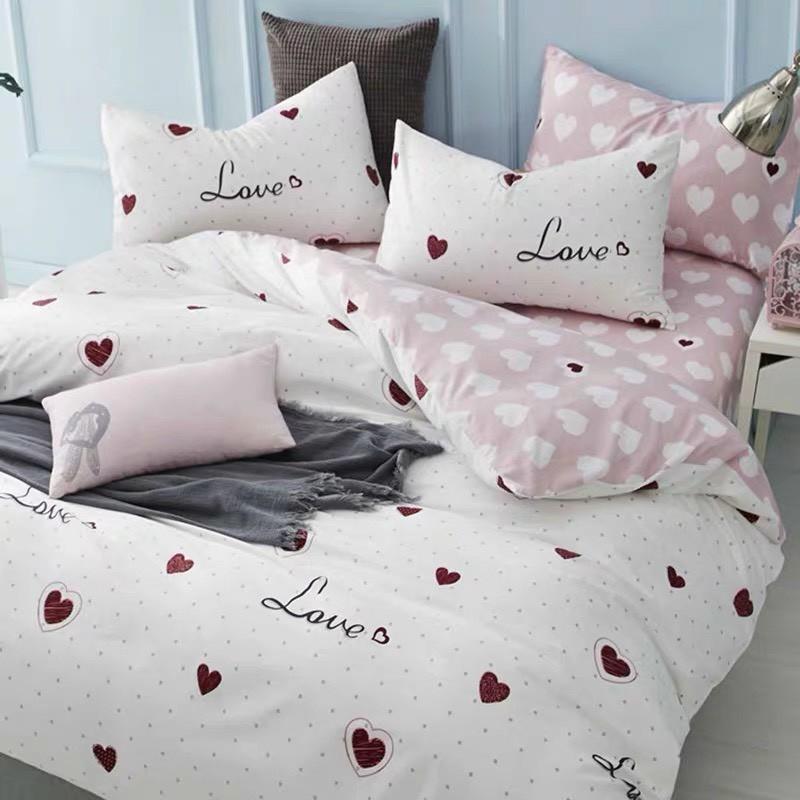 CHĂN GA GỐI POLY COTTON TIM HỒNG, SÉT CHĂN GA GỐI 5 MÓN -PP