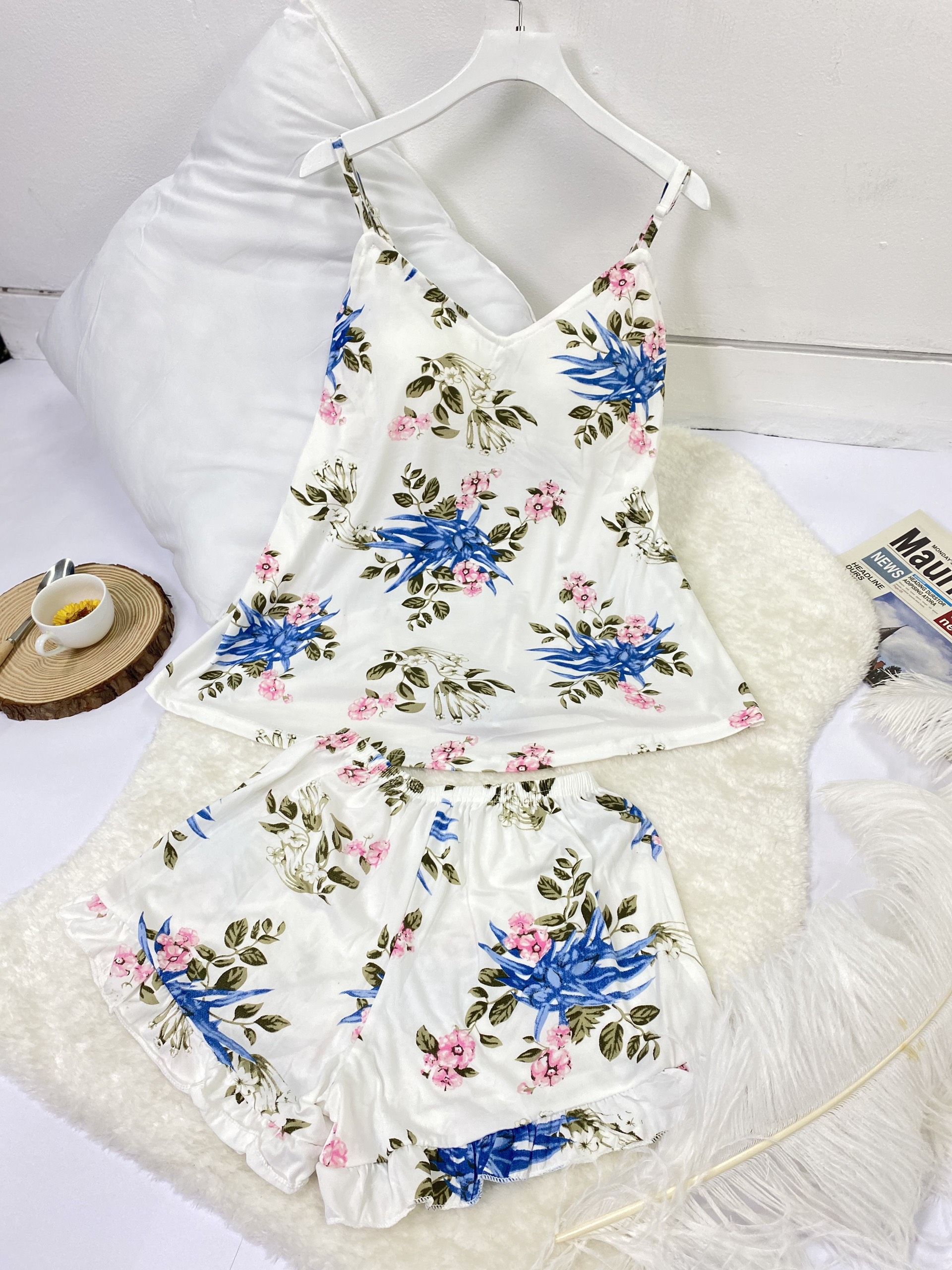 Bộ ngủ hai dây cotton hoa CÓ ĐỆM NGỰC - VAPERLA