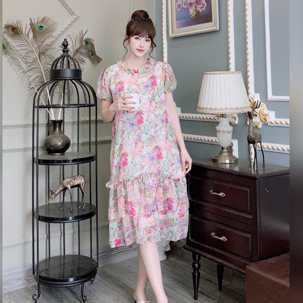 Váy bầu lụa tơ hai lớp cổ bèo mùa hè đầm bầu hoa thiết kế xinh xắn đi chơi dự tiệc dáng suông MSP455 Mom and Baby