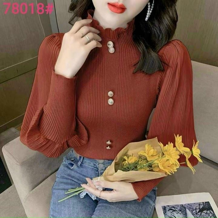ÁO LEN NỮ CỔ LỌ TAY BỒNG chất liệu len tăm dày mịn phối vải von lụa dập li đẹp s252