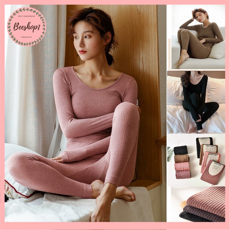 Bộ giữ nhiệt nữ mặc nhà thu đông Đẹp Rẻ - Bộ quần áo giữ nhiệt nữ henny roe màu hồng nâu đen xám dài tay