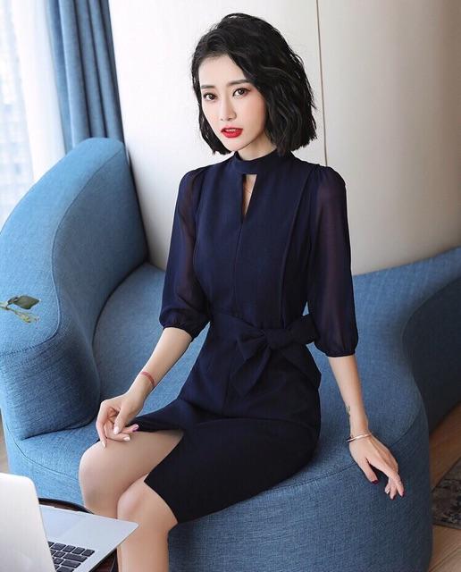 Đầm body cổ chocker tay voan lưới dây nơ eo S.MLXL