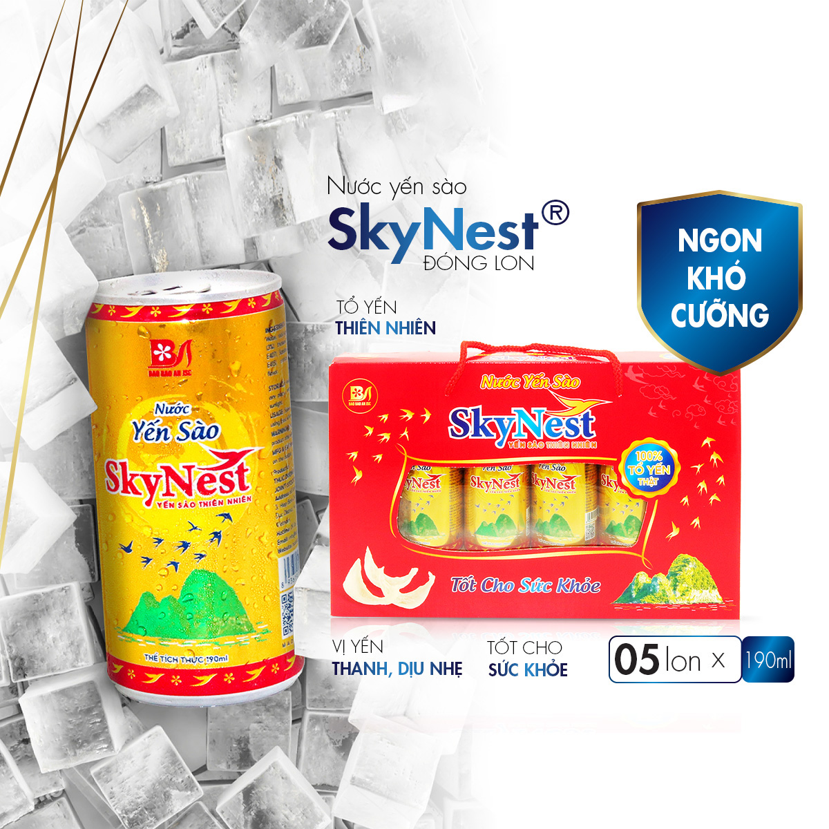 [Hộp quà ngang 5 lon x 190ml/ lon] Nước Yến Sào SkyNest 3% Tổ Yến thật, Giải khát nhanh gọn, Tốt cho sức khỏe