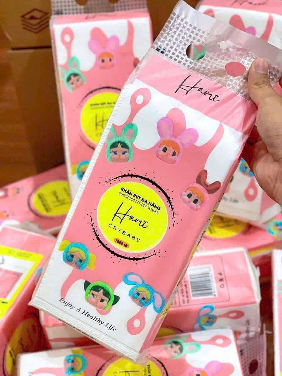 Bịch Giấy Rút Treo Tường Đa Năng Hami Crybaby Hồng 1600 Tờ Thấm Hút Tốt