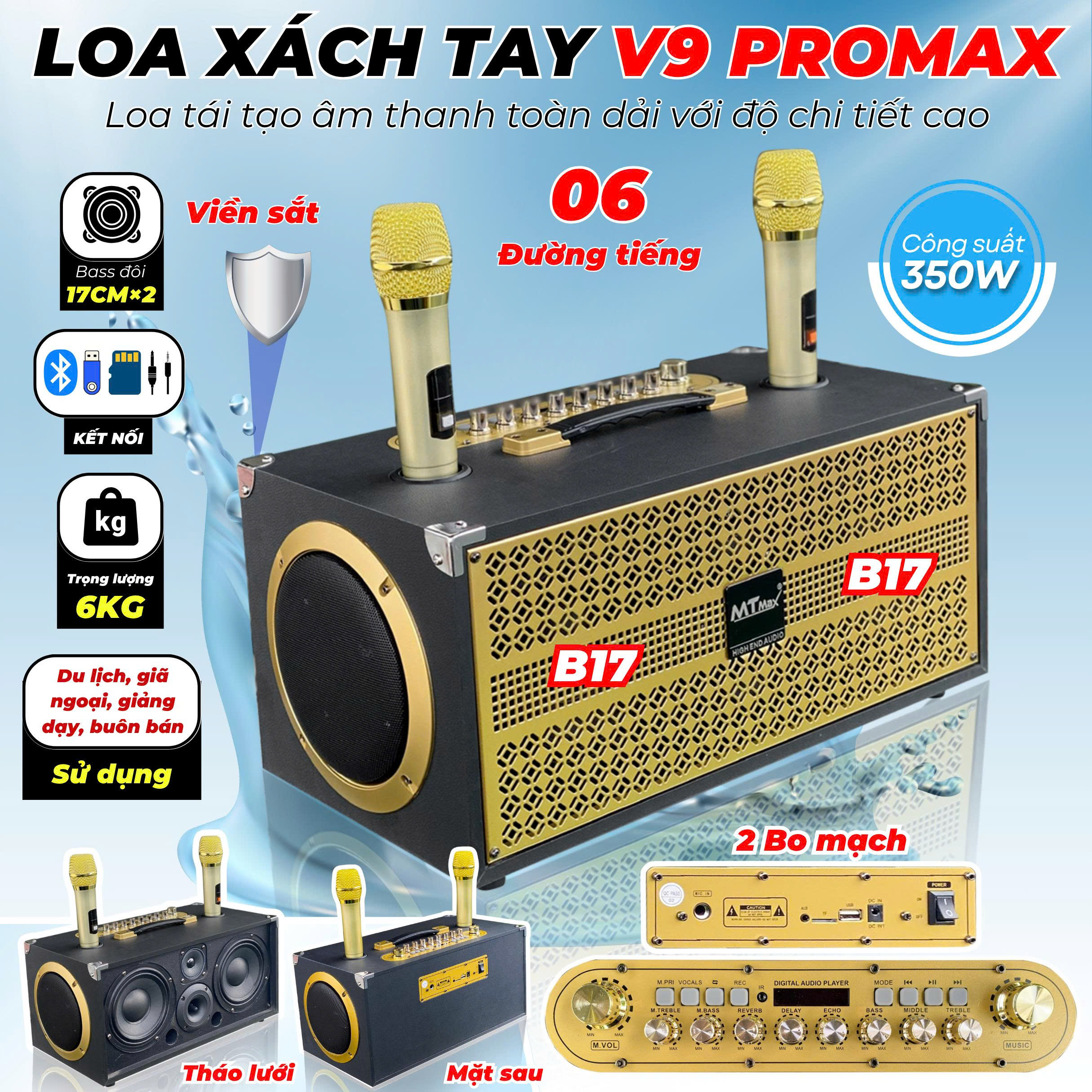 loa xách tay nghe nhạc karaoke 6 đường tiếng v9 promax nhỏ gọn, mạnh mẽ, chất âm đỉnh cao công suất 350w kèm 2 mic không dây hàng nhập khẩu