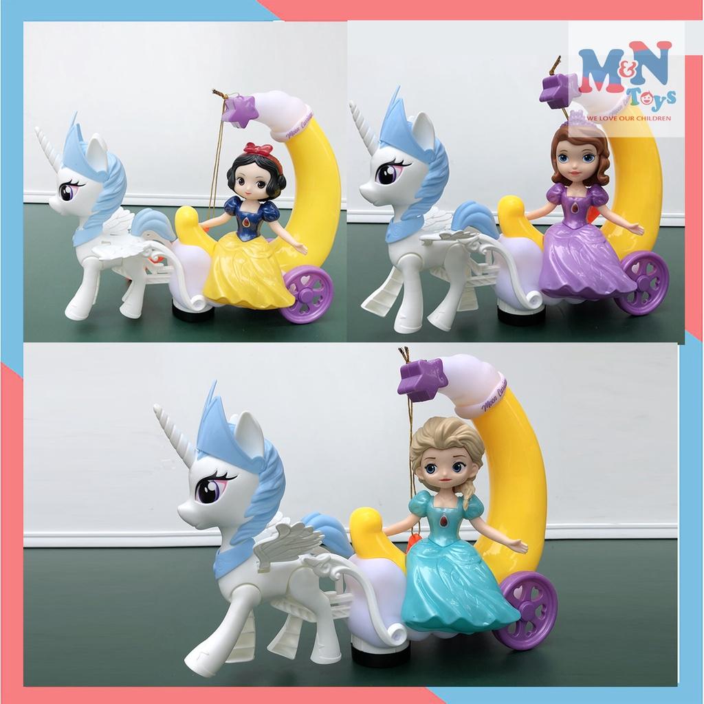 Đèn lồng Elsa, Sofia, Bạch Tuyết ngồi xe ngựa Pony chạy pin có nhạc có đèn cho bé chơi Trung Thu có tay cầm