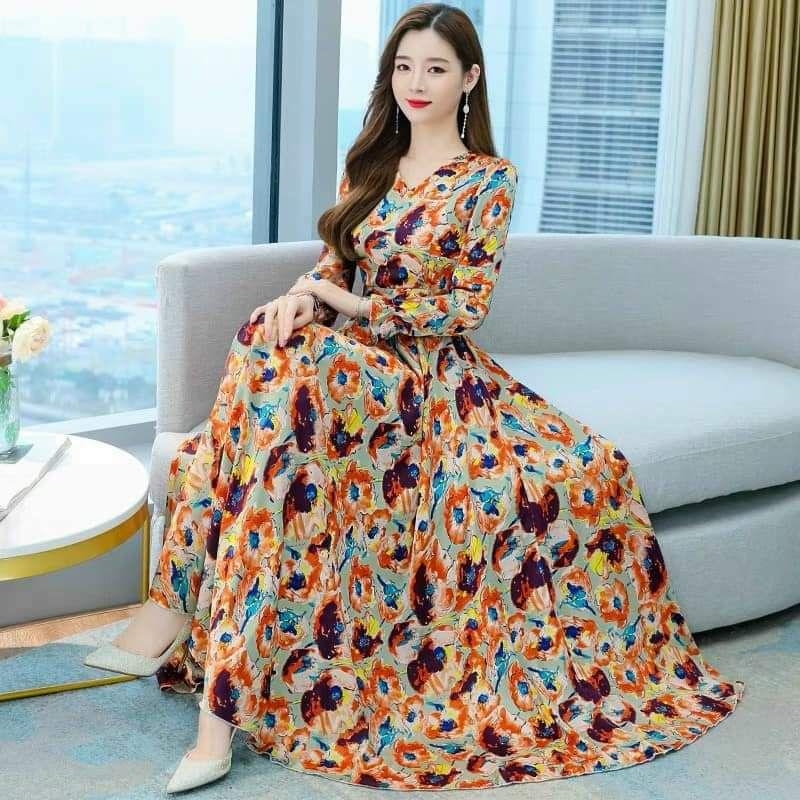 HÀNG NHẬP - ĐẦM MAXI VOAN HOA CỔ V TAY DÀI