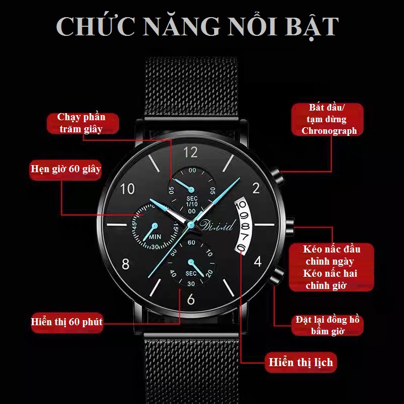 Đồng hồ nam chống nước DIZIZID chính hãng - Dây thép đúc đặc - Chạy full 6 kim và lịch ngày - Tặng kèm pin dự phòng DZT88