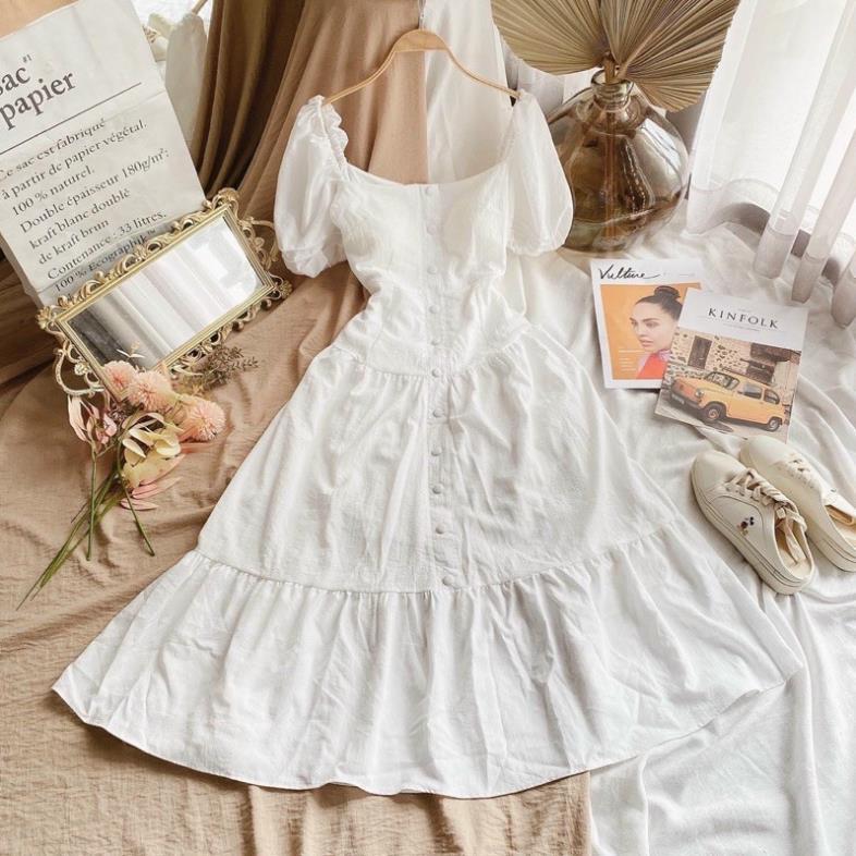 X2 Đầm maxi trắng tầng cổ vuông nút bọc dáng xòe đi biển dự tiệc bánh bèo dịu dàng