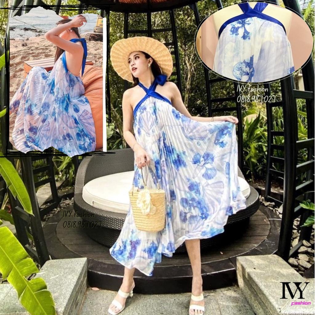 Đầm váy Maxi voan Dập Ly Hoa Xanh Trắng cổ yếm hở lưng suông dài ivy fashion đi biển dự tiệc dạo phố bigsize gợi cảm
