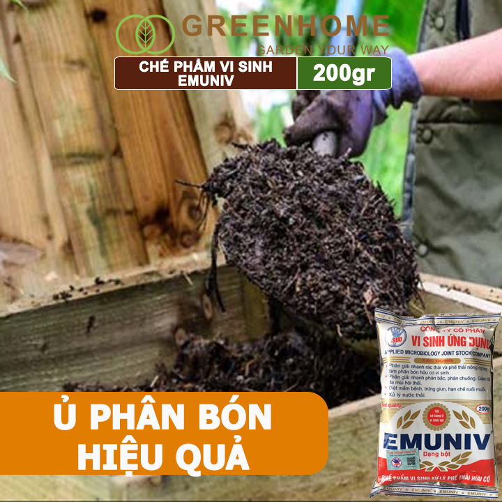 Chế Phẩm Vi Sinh EM Greenhome, Emuniv, Gói 200gr, Dùng Ủ Phân Bón Hữu Cơ, Xử Lý Rác Thải Gia Đình, Phân Huỷ Nhanh