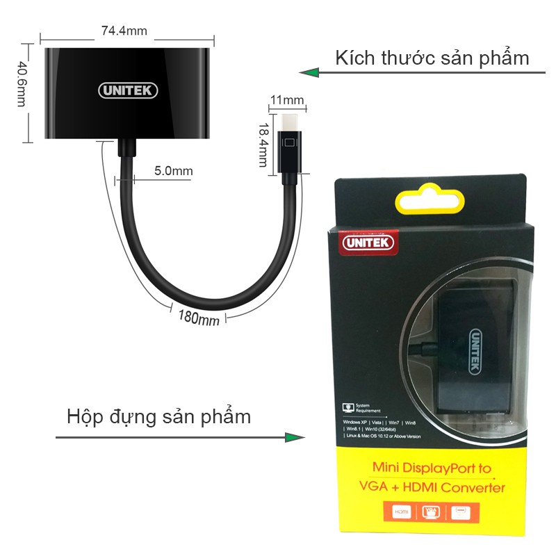 Cáp Mini Displayport -&gt; Vga + HDMI Unitek Y6328 -HÀNG CHÍNH HÃNG