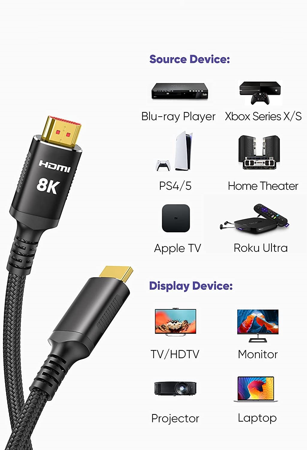 Dây Cáp HDMI 2.1 8K , 4K 120Hz Dài 2M Dùng Cho Tivi/ Máy Tính/ Playstation - Hàng Chính Hãng Tamayoko