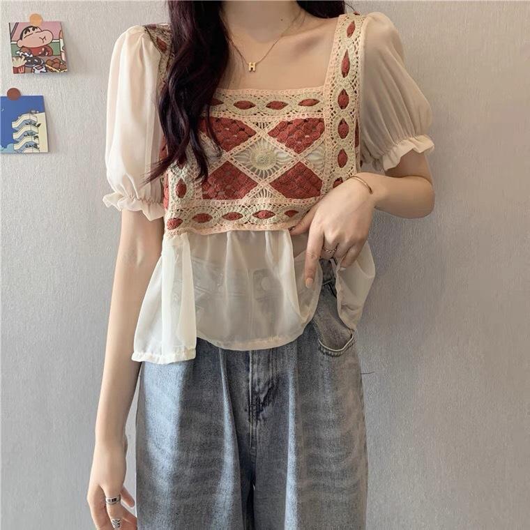 MS1115 Áo babydoll nữ đan móc phối tay voan