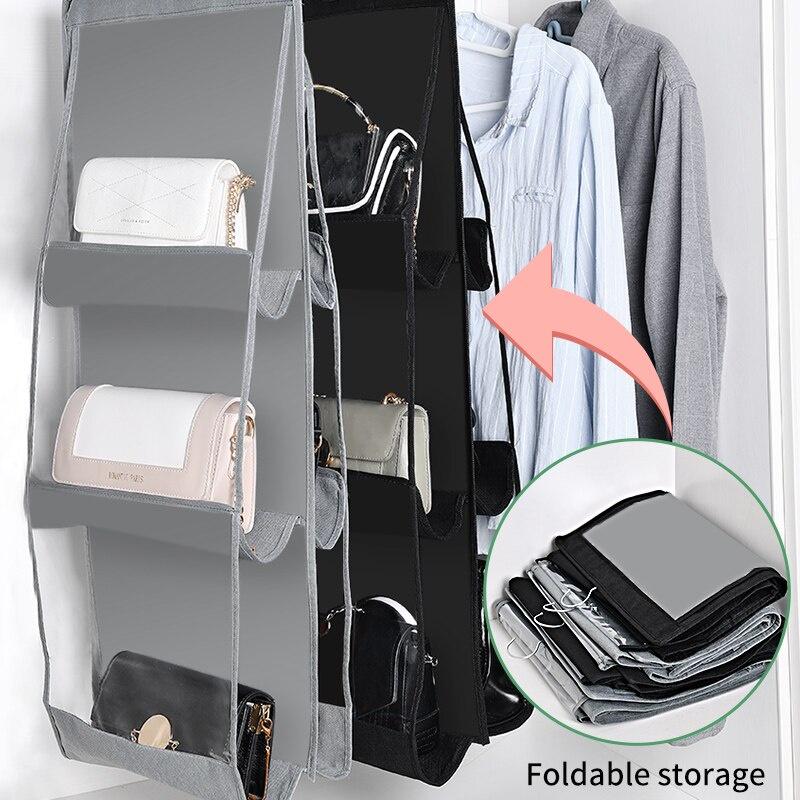 6 Pocket Hanging Handbag Organizer for Wardrobe Closet Transparent Storage Bag Door Wall Clear Sundry Shoe Bag with Hanger