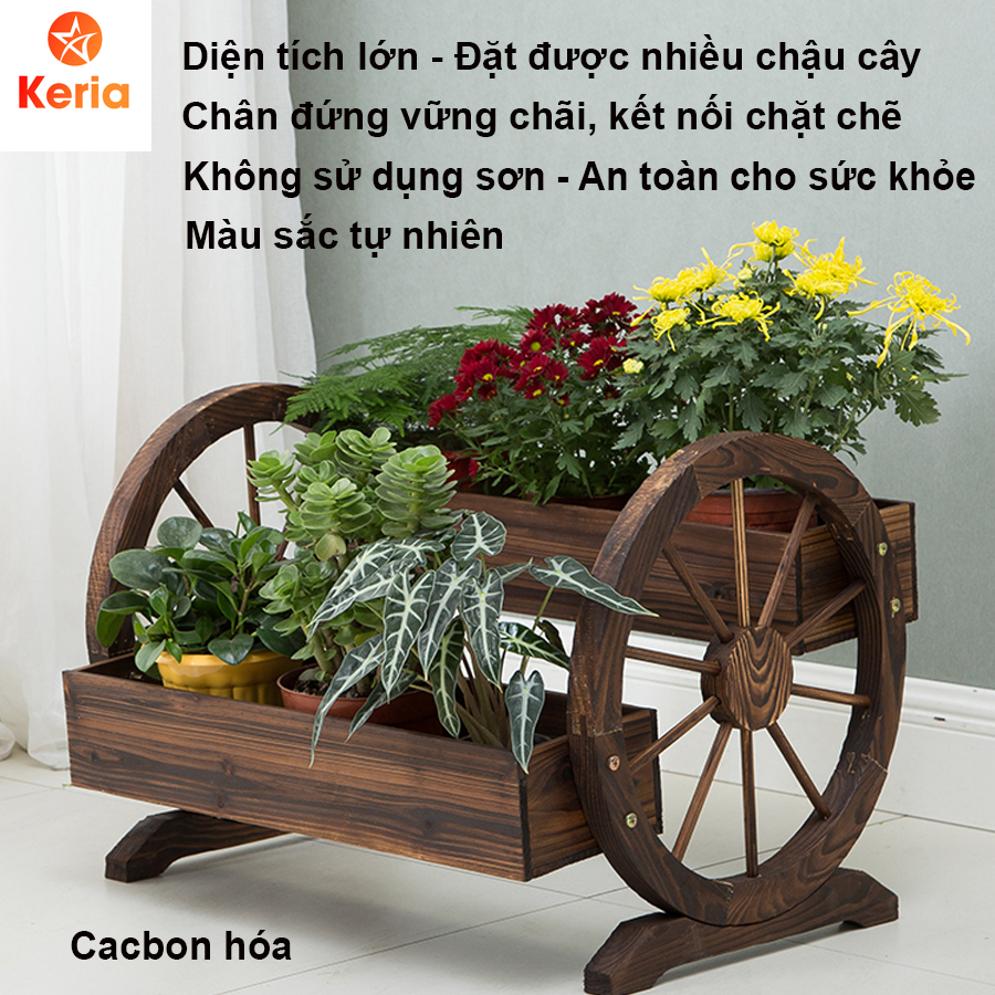 Kệ giá gỗ trồng hoa ngoài trời  có bánh xe kèm 2 chậu gỗ trồng hoa cây cảnh hình chữ nhật - Kệ gỗ Keria KG06