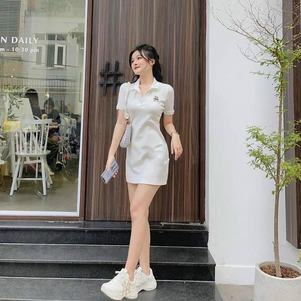 Đầm nữ dáng suông tay ngắn cổ  in hình gấu dễ thương 2 màu đen trắng from dưới 55kg