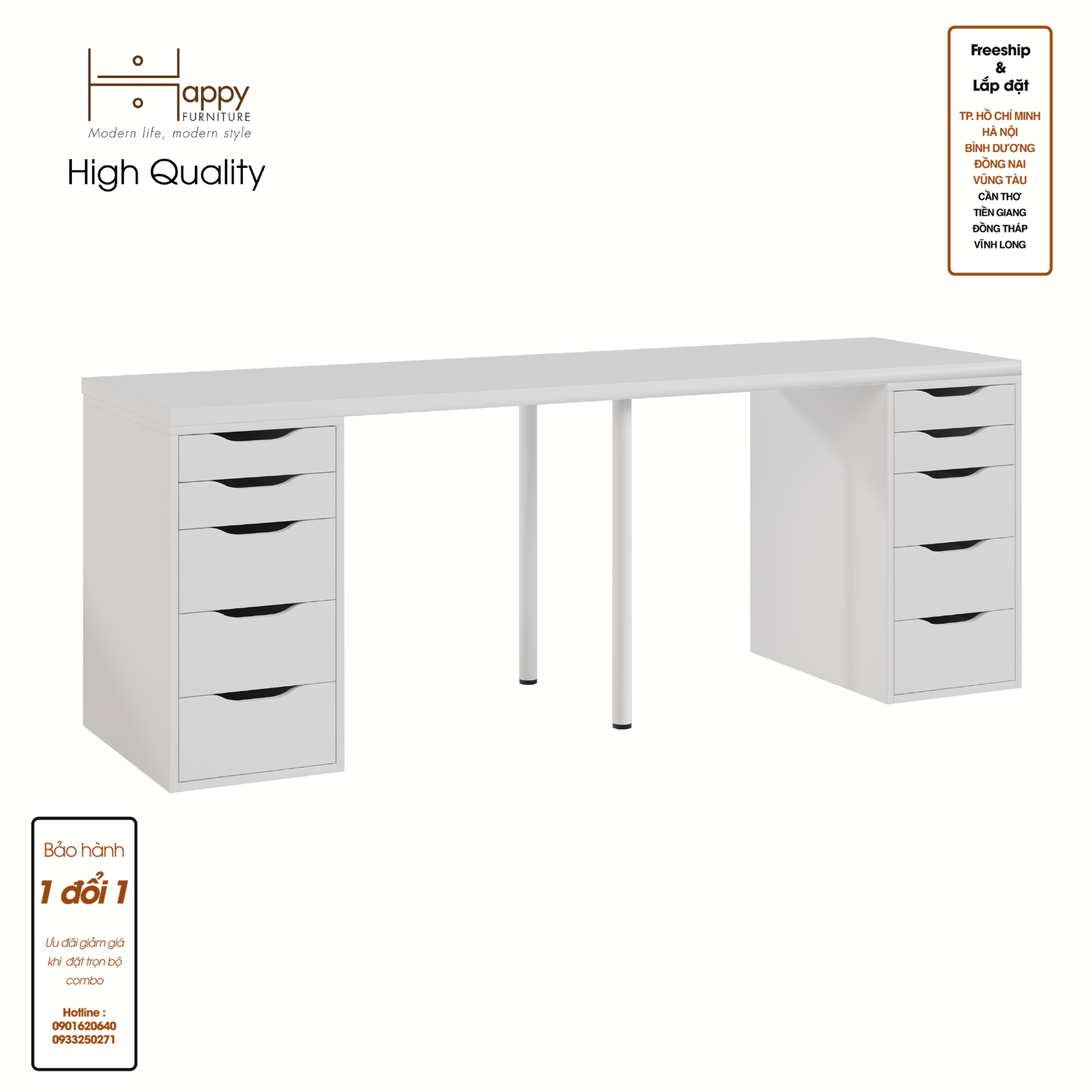 [Happy Home Furniture] LIDA, Bàn làm việc - 2 bên ngăn tủ- 2 chân sắt, BAN_026, BAN_027