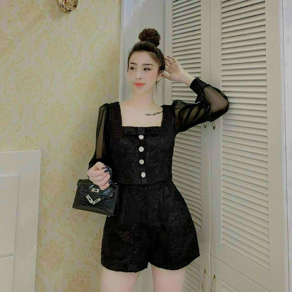 Set bộ đi chơi áo croptop tay dài phối quần đùi phong cách sang chảnh 3 màu xanh, đen, vàng thời trang nữ XM Minh Phúc