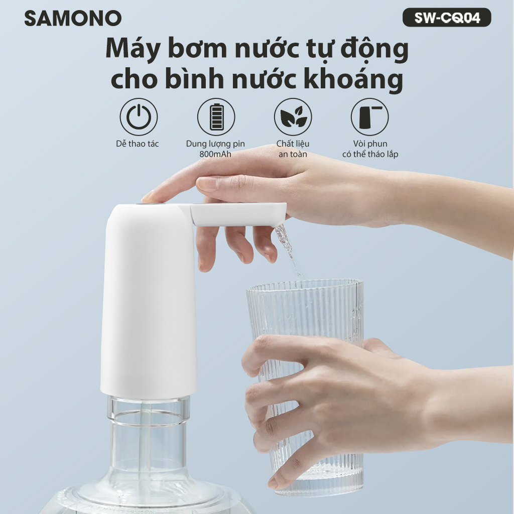 Máy Bơm Nước Tự Động cho bình nước khoáng SAMONO Dễ thao tác Dung lượng pin 800 mah Vòi nước tháo lắp Chất liệu an toàn SW-CQ04 HÀNG CHÍNH HÃNG