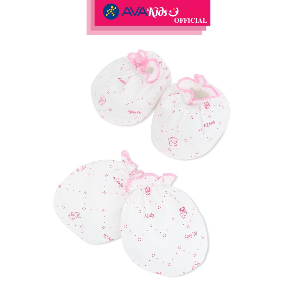 Bộ bao tay, bao chân in thú, viền hồng IQ Baby màu trắng (0 - 3 tháng) - Hàng Chính Hãng