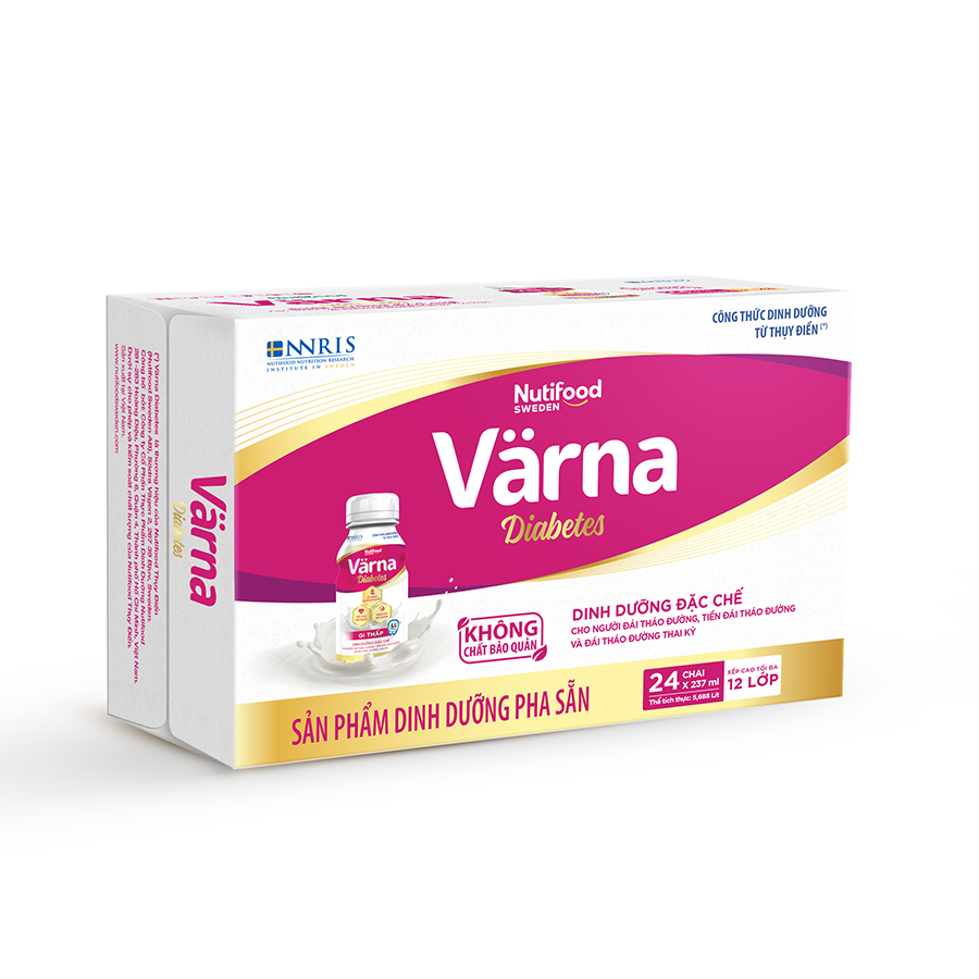 Thùng sữa bột pha sẵn Värna Diabetes - Ổn định đường huyết (GI = 26,9) (24 chai x 237ml) - Varna