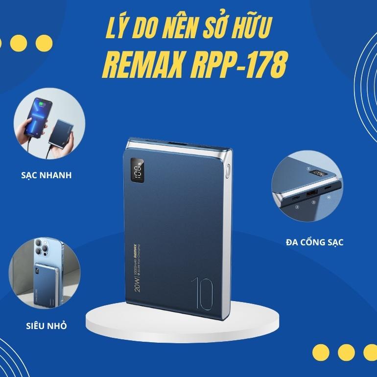 Pin Dự Phòng Remax RPP-178 10000mAh Sạc nhanh 20W - Thiết Kế Nhỏ Gọn , Chắc Chắn - Hàng Chính Hãng Remax Bảo Hành 12 Tháng Lỗi 1 Đổi 1