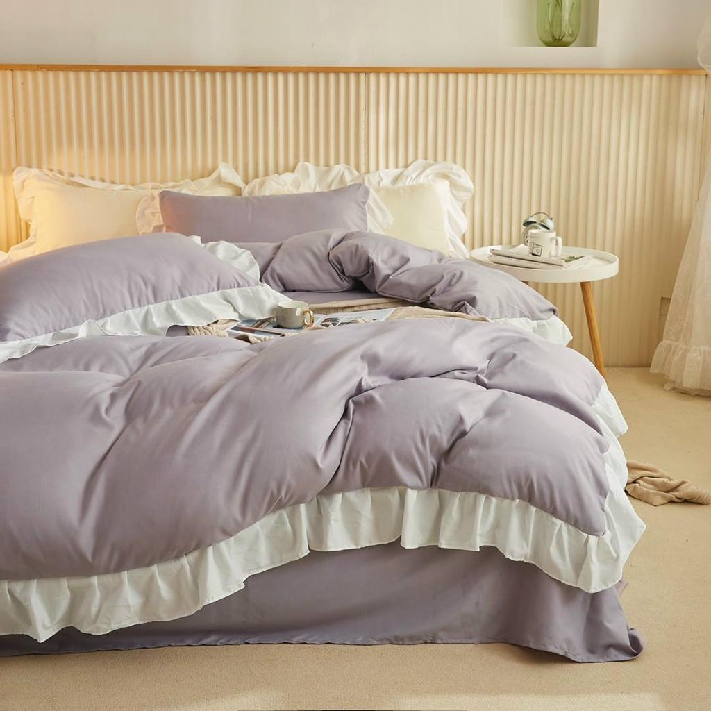Bộ Chăn Ga Gối Cotton Tici Riềm Bèo Tím Nhạt