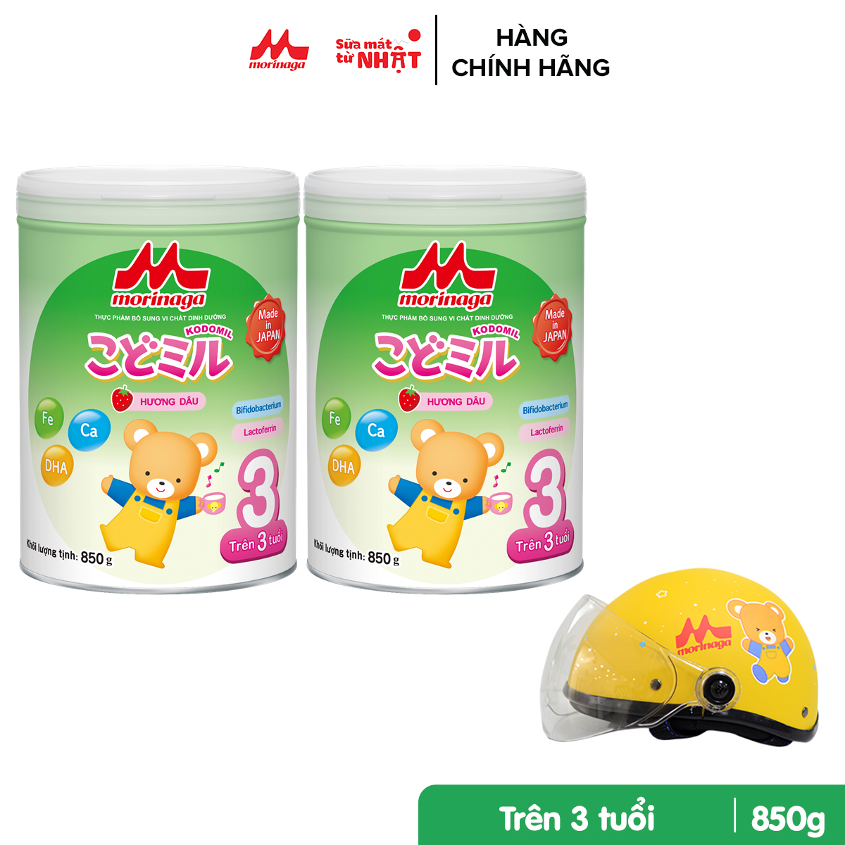 Combo 2 hộp Sữa Morinaga số 3 Kodomil 850g (hương Dâu) -Tặng nón bảo hiểm trẻ em nửa đầu có kính