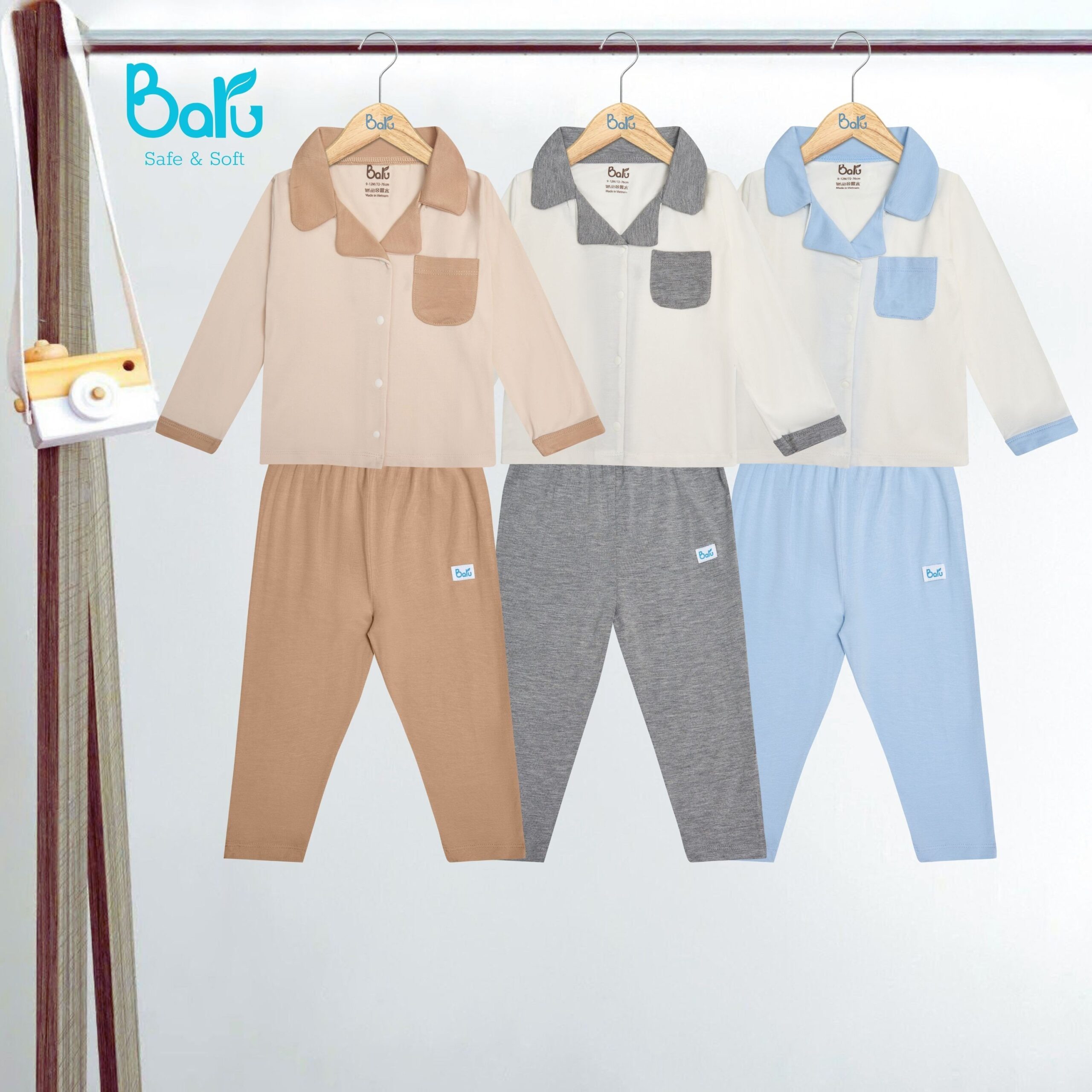 Bộ pizama tay dài  BARU cài giữa đủ màu vải 100% cotton thời trang trẻ em ( 6M -4Y )