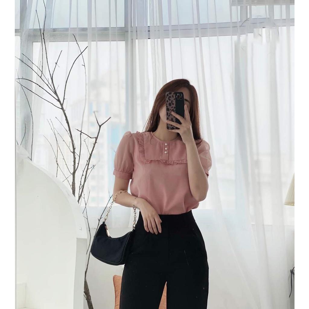 Áo sơ mi nữ công sở thời trang SURI cổ vuông ren ngực ngắn tay phong cách Hàn Quốc tay lưới -nữ tính.