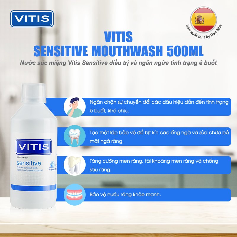 Nước súc miệng làm sạch và thơm miệng, chăm sóc răng ê buốt Vitis Sensitive 500ml