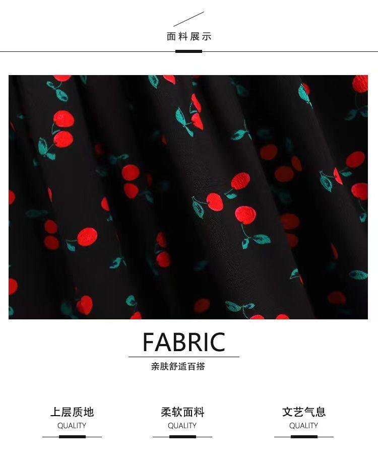 TOBE1SHOP Quần áo mùa hè 2023 Cherry in tay áo ngắn Vintage V cổ thắt lưng thiết kế cảm giác đầm cho phụ nữ