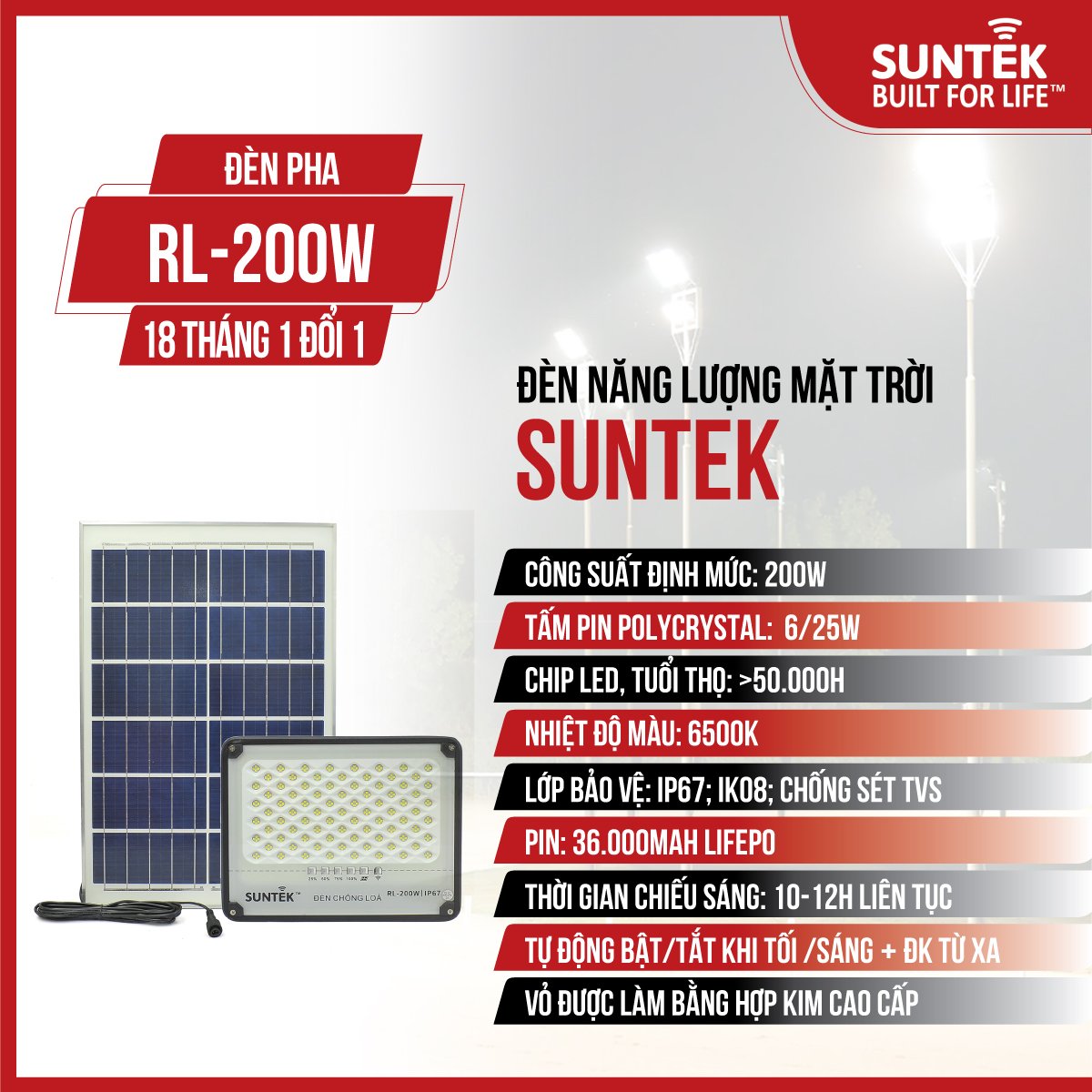Đèn Pha Chống Lóa Năng Lượng Mặt Trời SUNTEK RL-200W - Sáng suốt đêm 10-12 giờ | Tự động Bật/Tắt | Điều khiển Từ Xa | Chống Nước/Bụi/Sét | Tuổi thọ bóng LED 50.000 giờ - Hàng Chính Hãng - Bảo hành 18 tháng 1 đổi 1