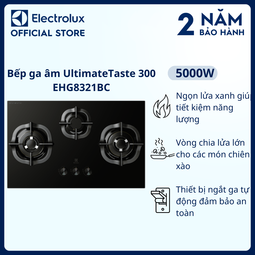 [Miễn phí giao hàng toàn quốc] Bếp ga âm 80cm Electrolux UltimateTaste 300 với 3 vùng nấu - EHG8321BC - Tiết kiệm năng lượng, ngắt ga tự động, kiềng gang chuyên dụng, dễ vệ sinh [Hàng chính hãng]