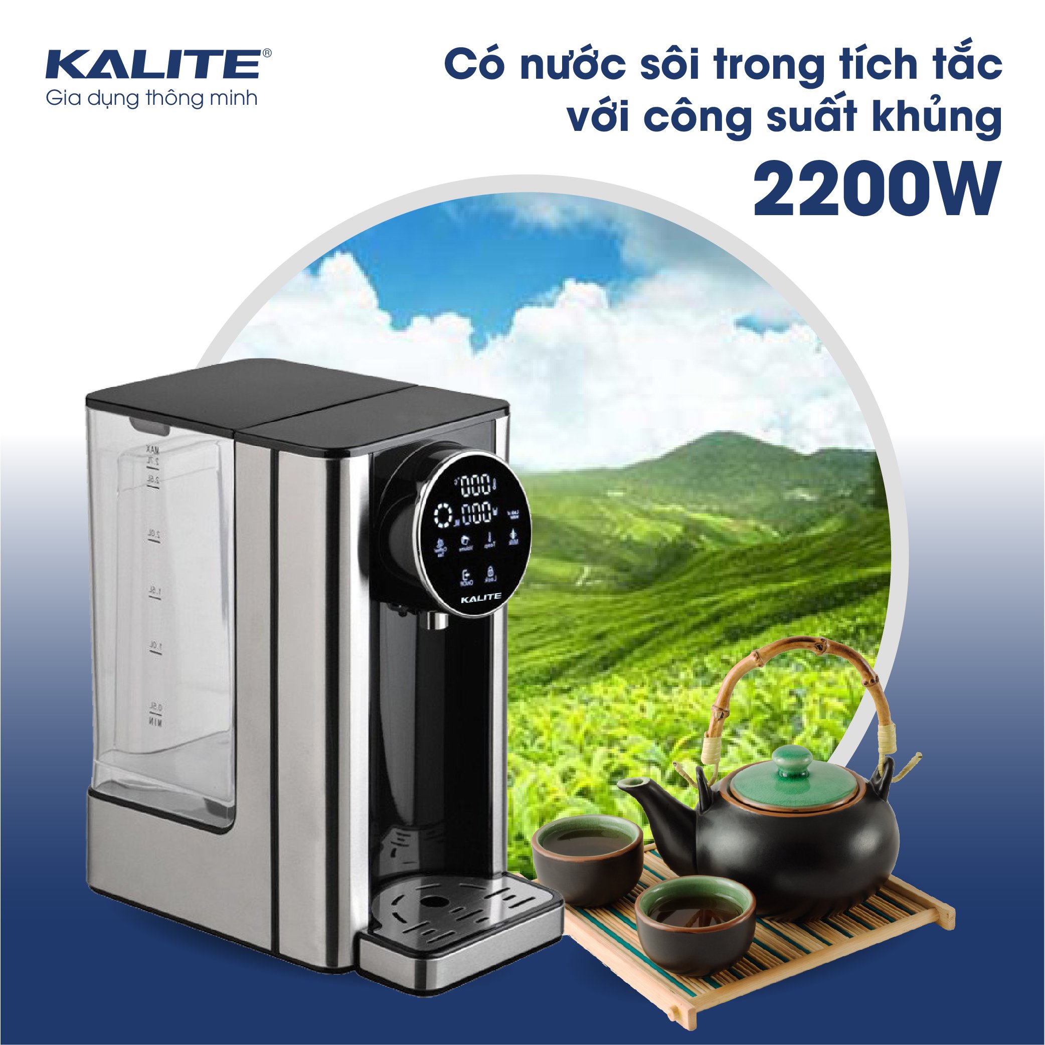 Bình thuỷ điện Kalite KL 888, dung tích 2,7L, công suất 2200W, bảng điều khiển cảm ứng, tùy chỉnh nhiệt độ và lượng nước, hệ thống lọc RO tự động, hàng chính hãng