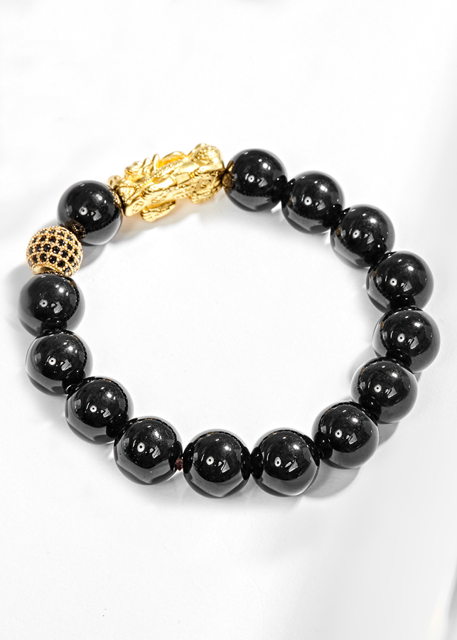 Vòng Tay Nam Đá Obsidian Phối Tỳ Hưu Bạc Mạ Vàng 24K Ngọc Quý Gemstones