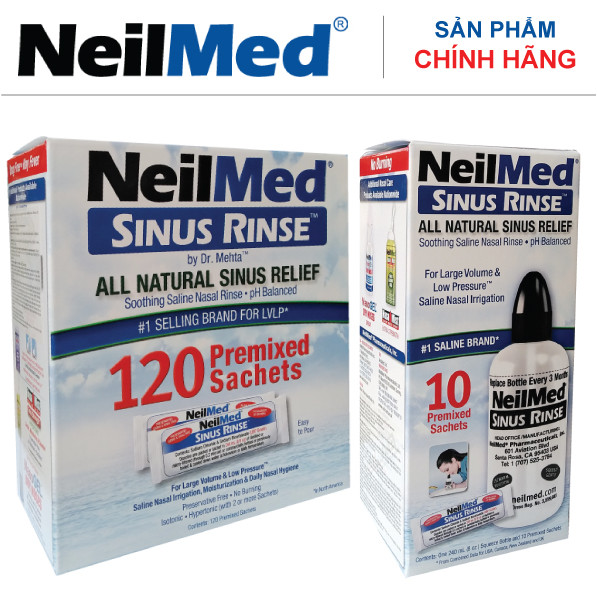 Combo Adult SinusCare : Bình Rửa Vệ Sinh Mũi Xoang Người Lớn NeilMed Sinus Rinse - SX Mỹ, Giải Pháp Tối Ưu hỗ trợ điều trị Viêm Xoang Cấp &amp; Mãn. (Bình 10 gói và Hộp 120 gói muối rửa bổ sung)