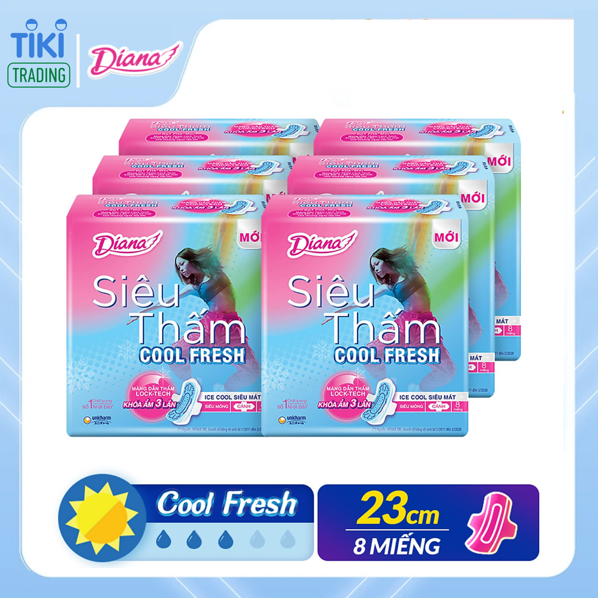 Combo 6 Băng vệ sinh Diana Siêu thấm Cool Fresh Siêu mỏng Cánh gói 8 miếng