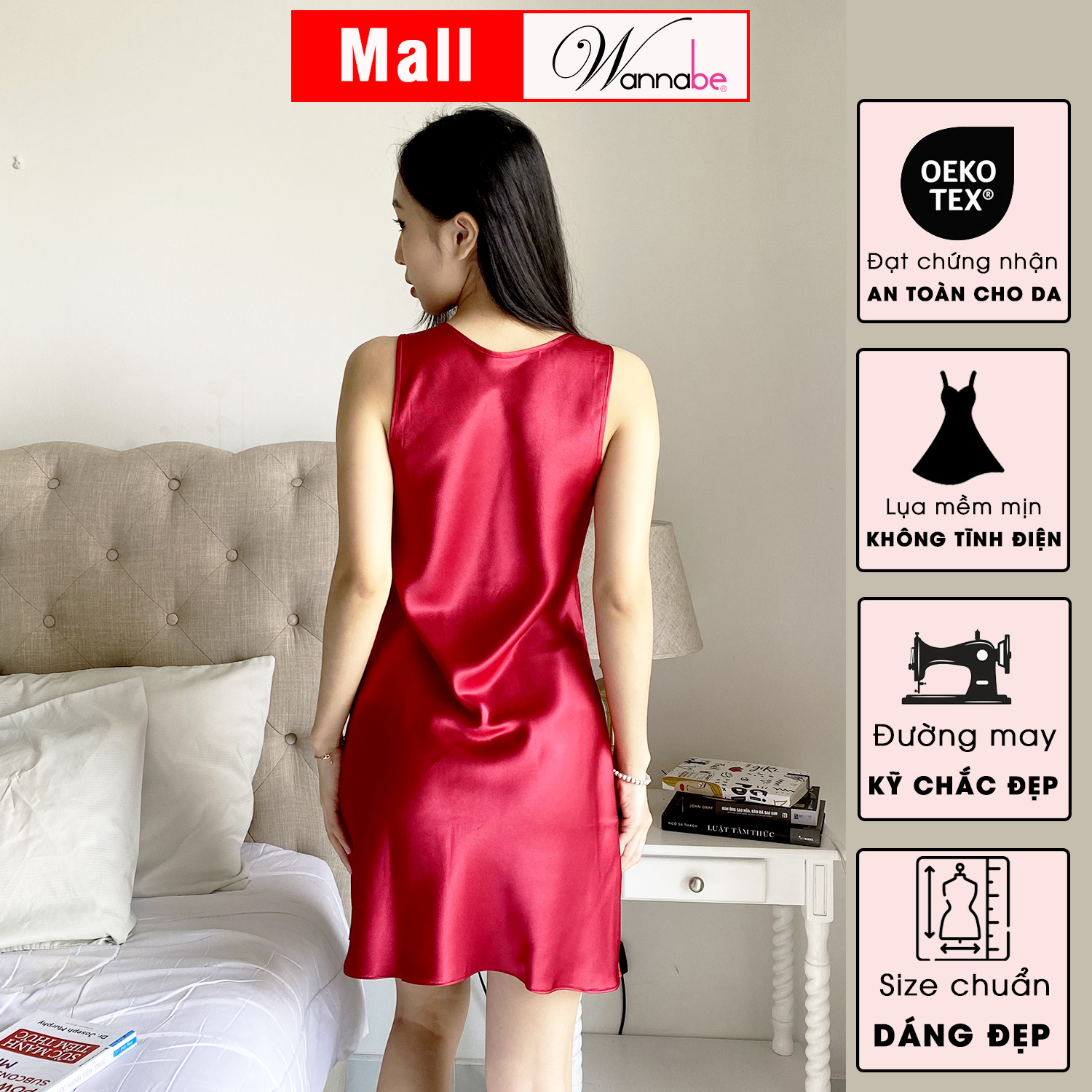 Đầm ngủ phi lụa cao cấp WANNABE DNS68 váy ngủ bản vai 4cm cổ tim phối ren đơn giản trang nhã