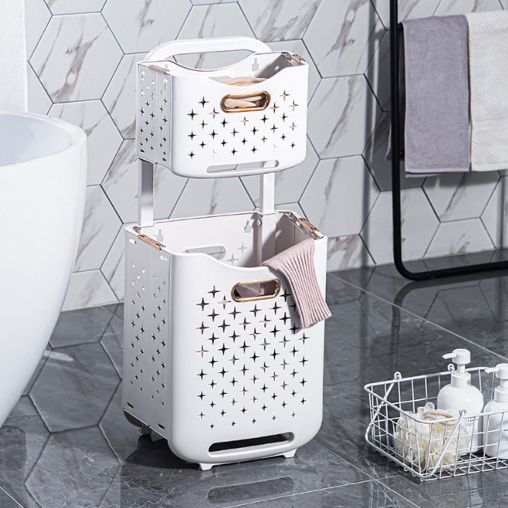 Giỏ đựng quần áo đa năng 2 tầng K143 gấp gọn treo tường hoặc bánh xe di động có Giỏ đựng đồ bằng nhựa PP cao cấp
